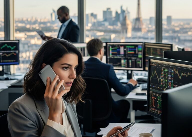 Une jeune femme trader parisienne, à l'allure chic et professionnelle, est au téléphone dans un bureau moderne et lumineux. En arrière-plan, une grande fenêtre offre une vue imprenable sur les toits de Paris, baignés d'une lumière matinale douce et positive. L'atmosphère est dynamique et concentrée, reflétant le monde de la finance dans un cadre élégant.
