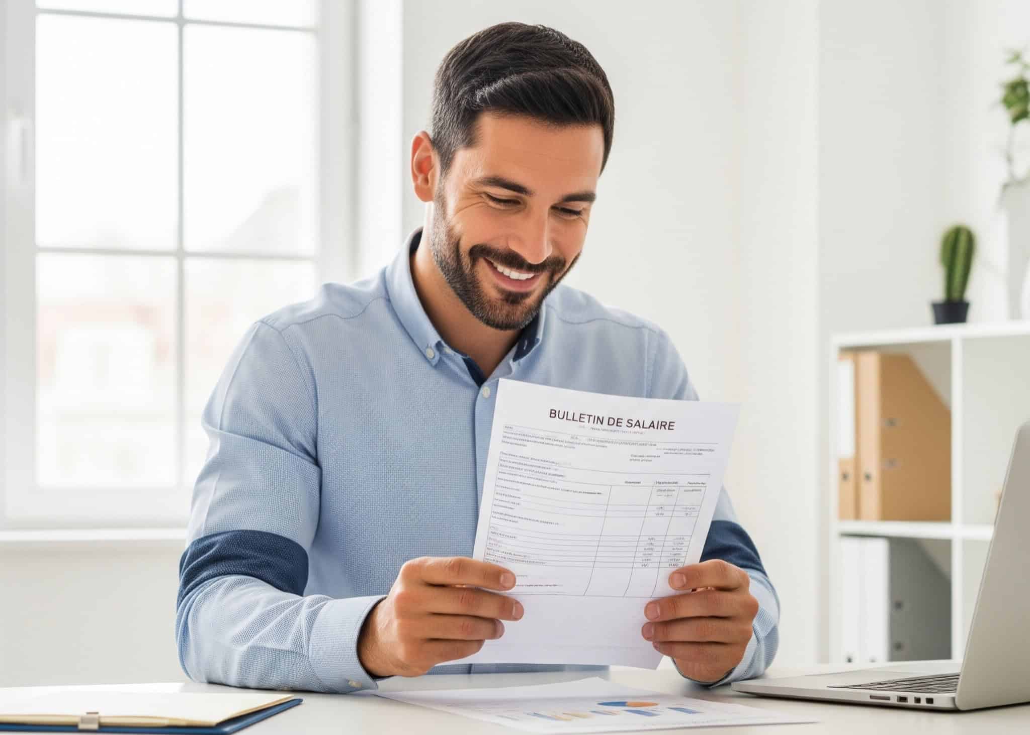 Un homme d'affaires d'apparence caucasienne, souriant et barbu, est assis à son bureau devant un ordinateur portable. Il tient dans ses mains un document intitulé "BULLETIN DE SALAIRE" et semble satisfait en le lisant, dans un environnement de bureau clair et moderne.