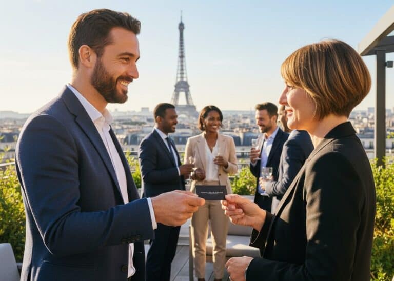 Photo en extérieur, sur un toit-terrasse ensoleillé à Paris, avec la Tour Eiffel en arrière-plan. Deux entrepreneurs souriants, un homme et une femme, échangent des cartes de visite. L'homme, sur la gauche, tend une carte à la femme, sur la droite. Ils sont tous les deux élégamment vêtus de costumes. L'ambiance est lumineuse, positive et moderne, avec des couleurs riches et naturelles. D'autres personnes discutent en arrière-plan, profitant de l'événement de networking.