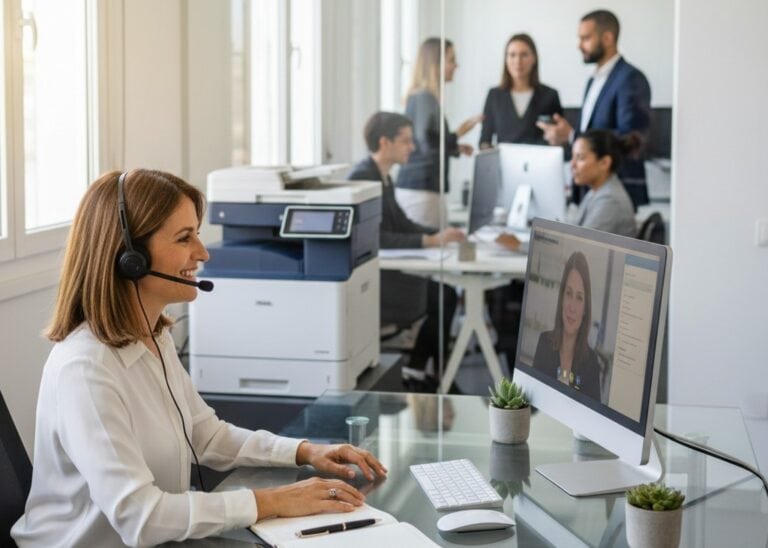 Une secrétaire française souriante et bien-être est assise à son bureau vitré, portant un micro-casque et discutant avec un client via un appel vidéo affiché sur son écran d'ordinateur. Son bureau est lumineux et épuré, avec des plantes en pot et un carnet ouvert. À l'arrière-plan, une grande imprimante professionnelle est visible, et d'autres collègues travaillent et interagissent dans l'espace de bureau ouvert, reflétant une ambiance de travail collaborative et positive.