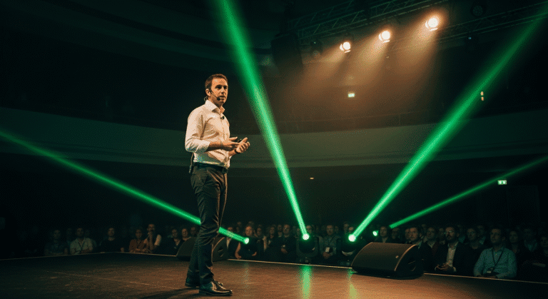 Person speaking on stage with audience.