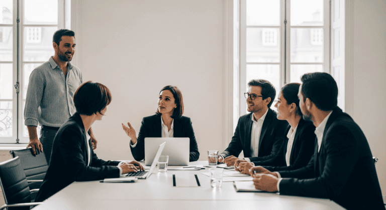Business meeting with six people discussing.