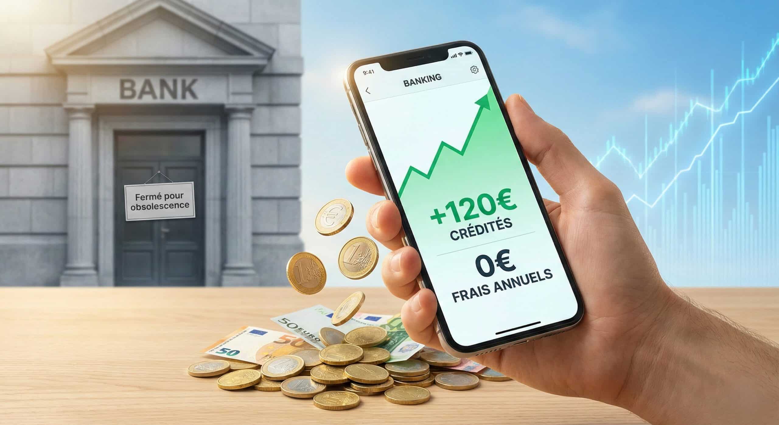 Smartphone affichant les bénéfices bancaires numériques.
