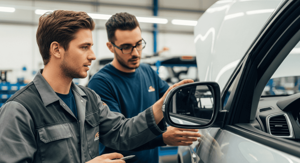 Deux mécaniciens inspectent le rétroviseur d'une voiture.