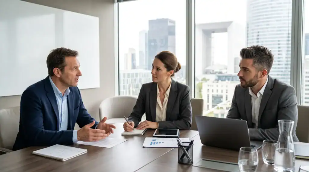 Trois professionnels en réunion dans un bureau avec vue urbaine.