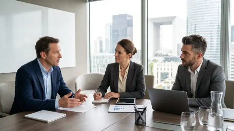 Trois professionnels en réunion dans un bureau avec vue urbaine.