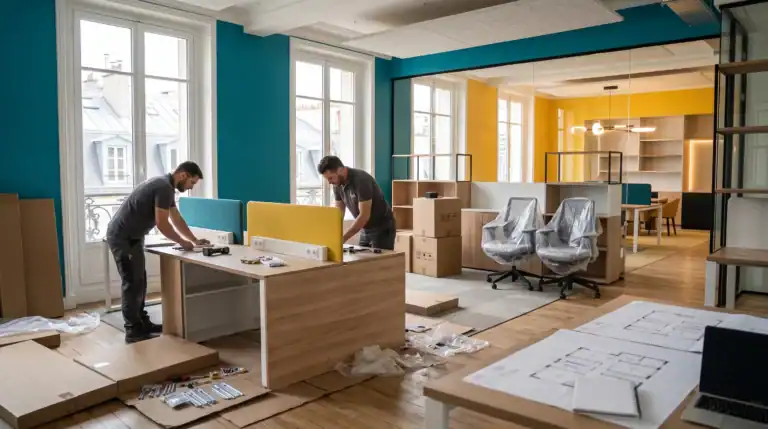 Deux hommes assemblant des bureaux dans un espace moderne.