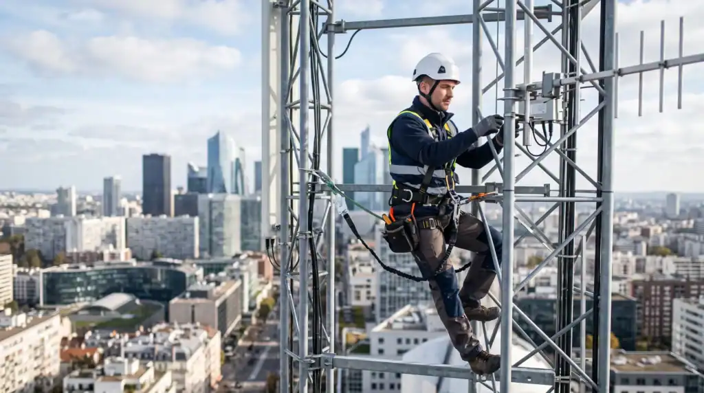 Technicien en maintenance sur une tour de télécommunications urbaine.