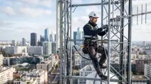 Technicien en maintenance sur une tour de télécommunications urbaine.