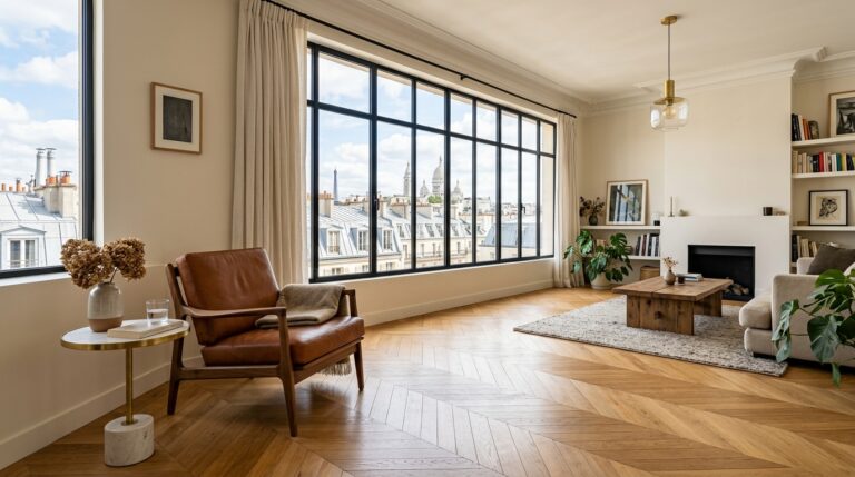 Salon parisien lumineux avec vue sur le Sacré-Cœur.