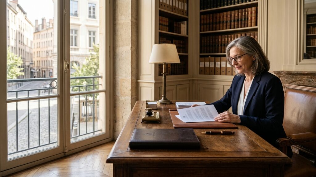 Femme d'affaires lisant des documents dans un bureau classique.