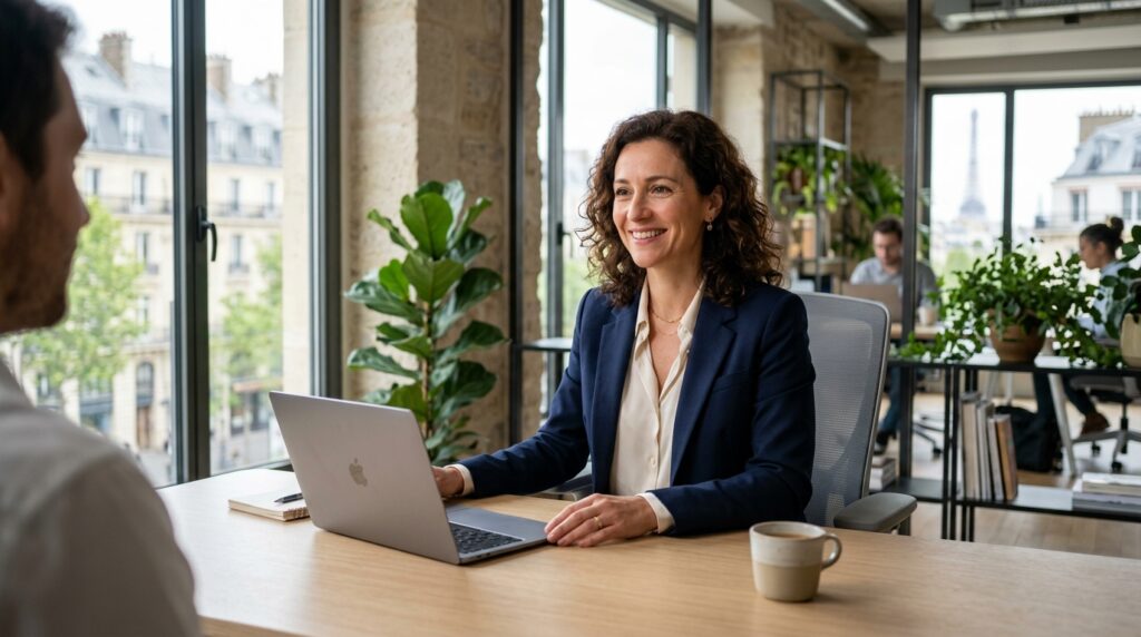 Femme d'affaires souriante à son bureau avec vue sur Paris.
