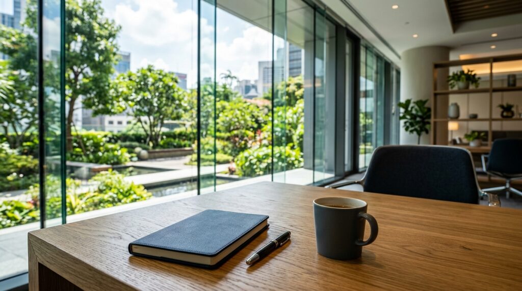 Bureau moderne avec carnet, café et vue sur jardin urbain.