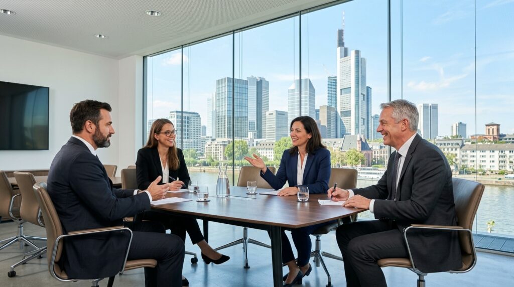 Réunion de professionnels dans un bureau avec vue urbaine.