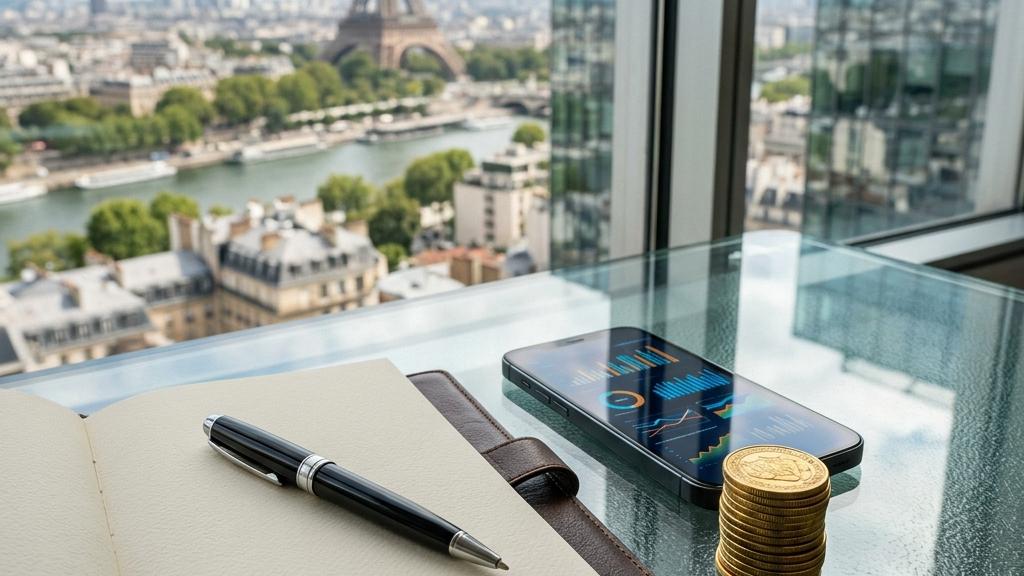 Bureau avec graphiques financiers, pièces d'or et vue Tour Eiffel.