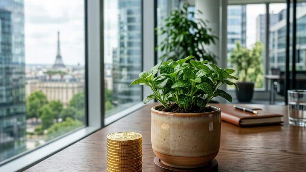 Plante, pièces d'or sur bureau avec vue Tour Eiffel.