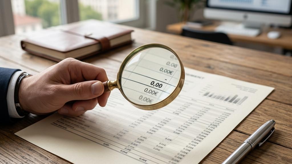 Main tenant une loupe sur un document financier.