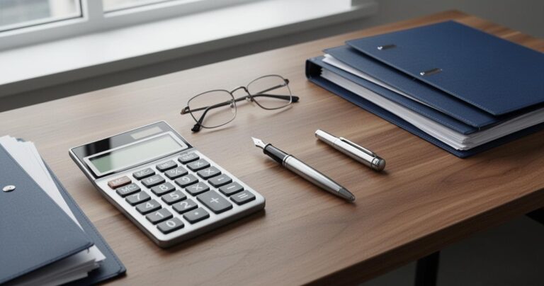 Calculatrice, lunettes, stylos et dossiers sur un bureau.