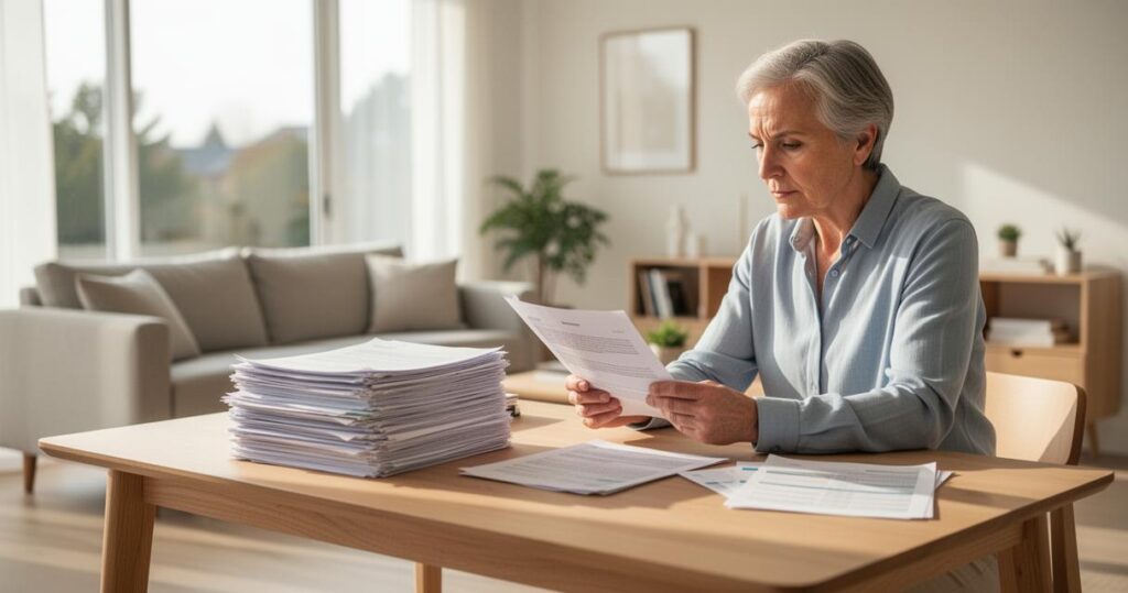 Femme examinant attentivement une pile de documents chez elle.
