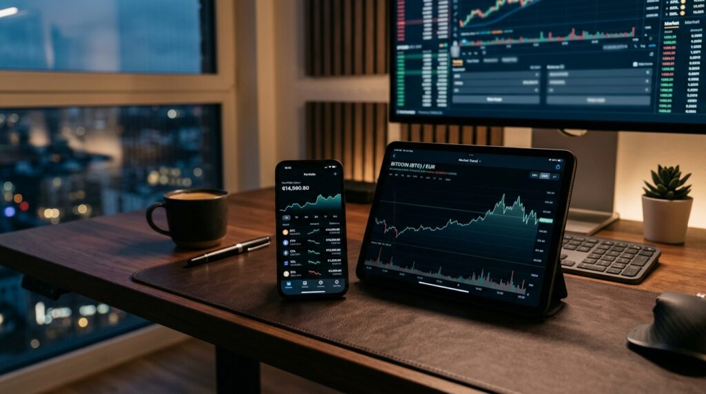 Graphiques de cryptomonnaies sur smartphone, tablette et écran d'ordinateur.