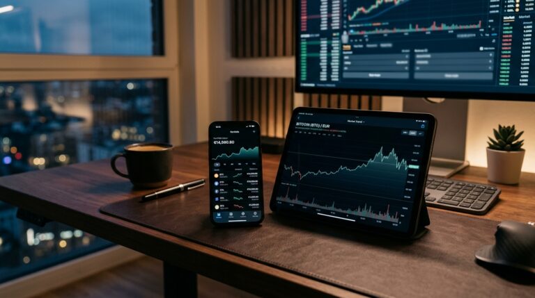Graphiques de cryptomonnaies sur smartphone, tablette et écran d'ordinateur.
