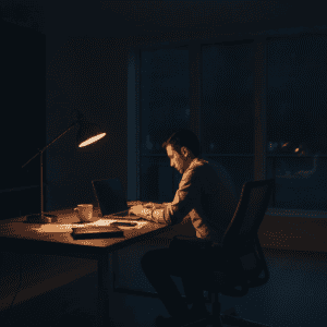 Homme travaillant tard à son bureau sous une lampe.