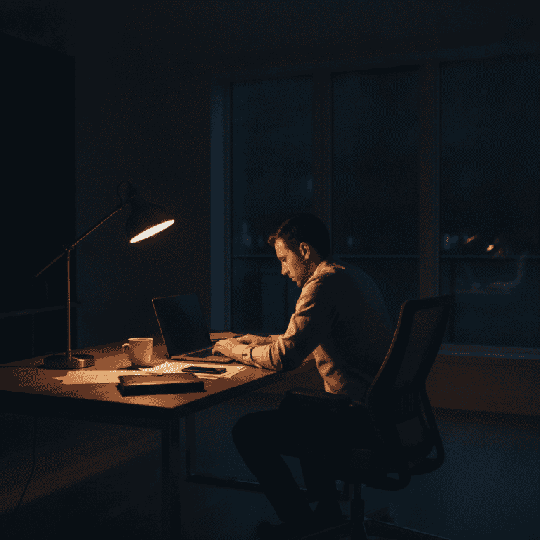 Homme travaillant tard à son bureau sous une lampe.