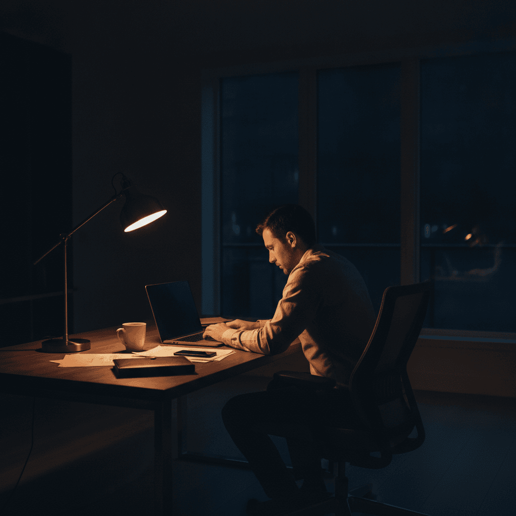 Homme travaillant tard à son bureau sous une lampe.