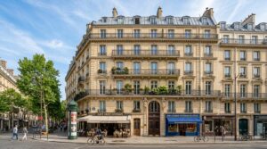 Façade d'un bel immeuble haussmannien dans une rue parisienne ensoleillée