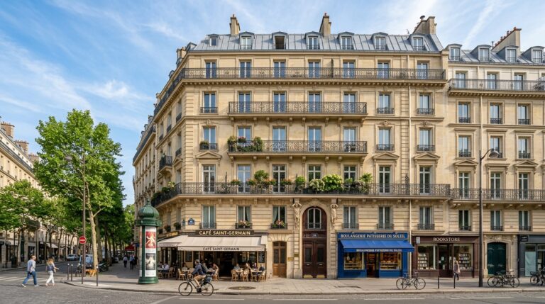 Façade d'un bel immeuble haussmannien dans une rue parisienne ensoleillée