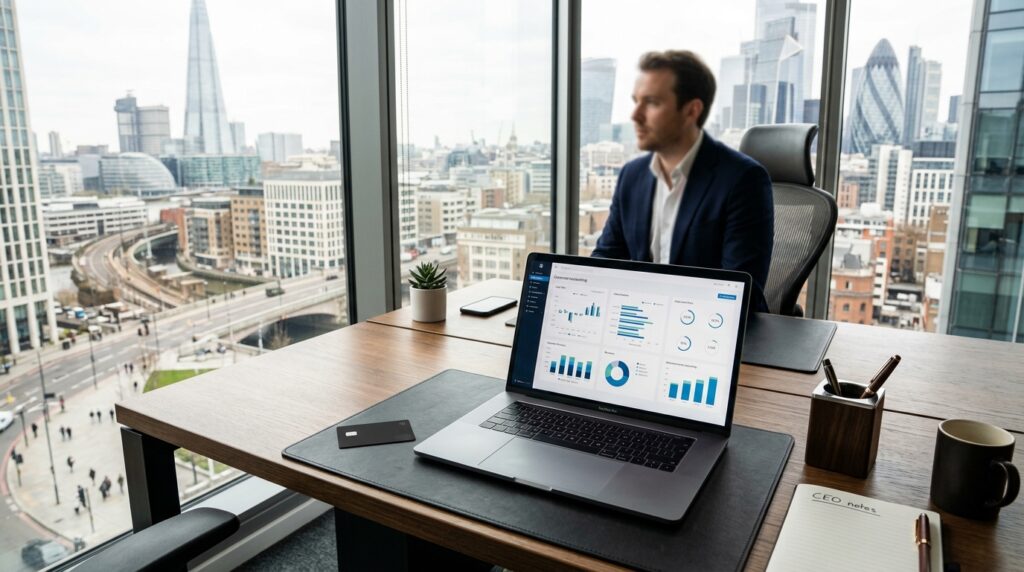 Bureau de direction avec ordinateur portable devant une vue urbaine
