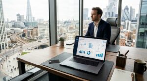 Bureau de direction avec ordinateur portable devant une vue urbaine