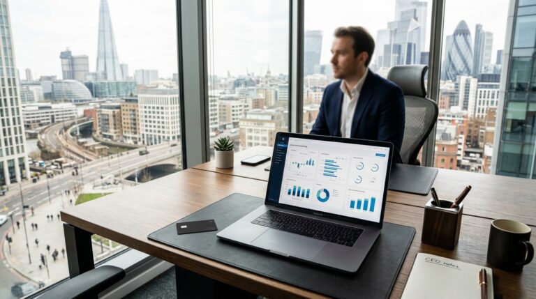 Bureau de direction avec ordinateur portable devant une vue urbaine