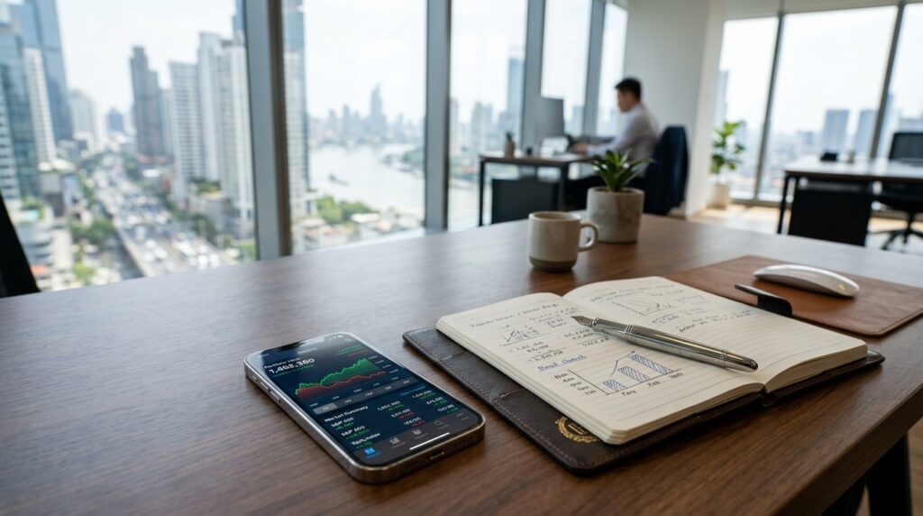 Bureau moderne avec smartphone boursier, carnet et vue sur ville.