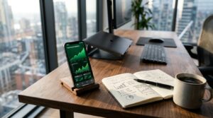 Smartphone affichant un graphique financier sur un bureau.