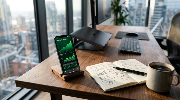 Smartphone affichant un graphique financier sur un bureau.