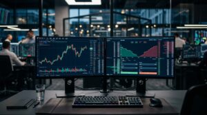 Bureau de trading avec double écran affichant des graphiques financiers.