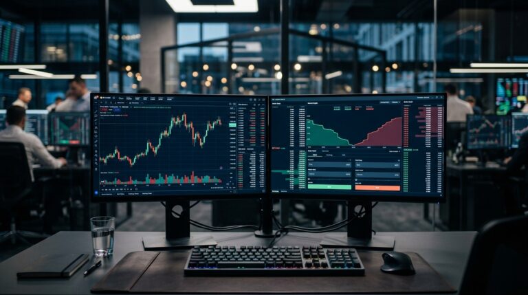 Bureau de trading avec double écran affichant des graphiques financiers.