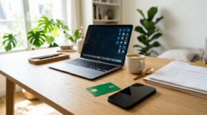 Bureau de travail moderne avec carte Vitale et ordinateur pour la gestion du compte CPAM Ameli en ligne