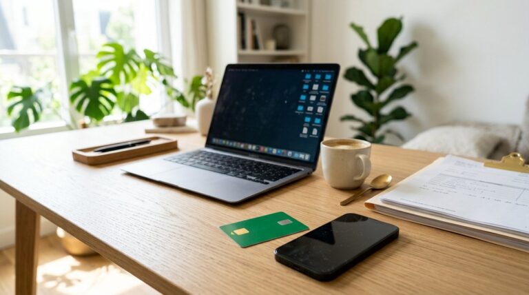 Bureau de travail moderne avec carte Vitale et ordinateur pour la gestion du compte CPAM Ameli en ligne