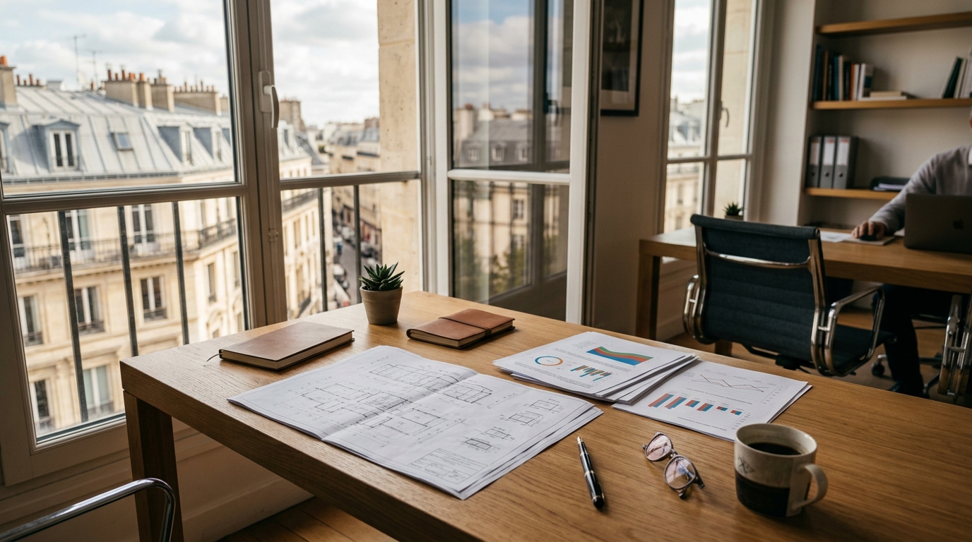 Dossiers d'analyse financière et d'investissement immobilier sur un bureau contemporain