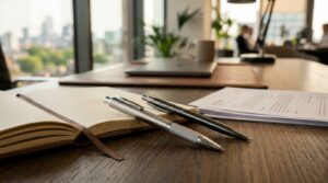 Stylo personnalisé gravé posé sur un bureau professionnel