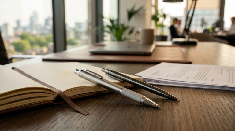 Stylo personnalisé gravé posé sur un bureau professionnel